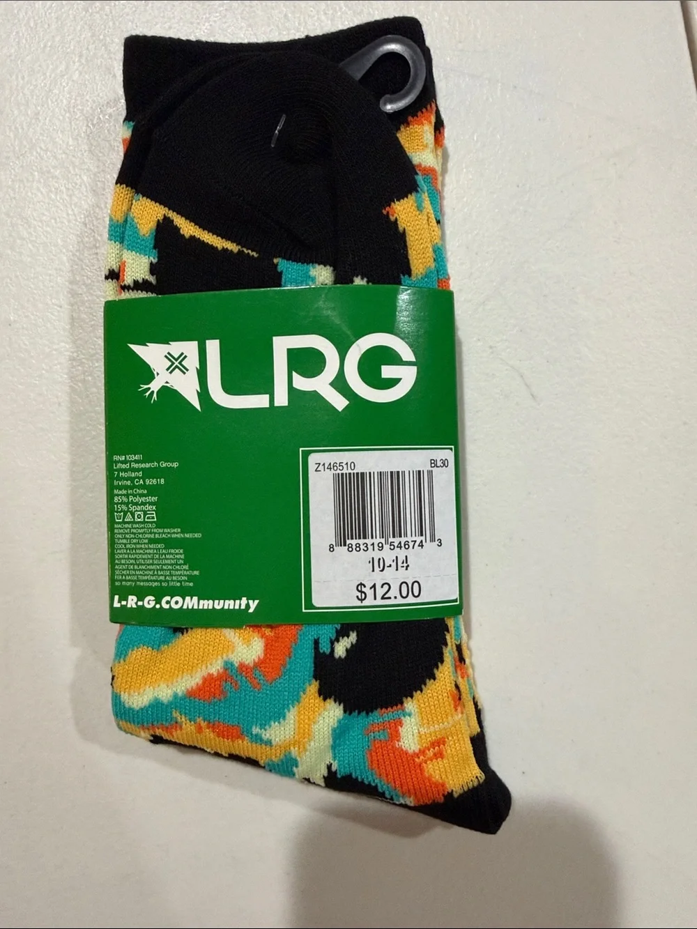 Brand New LRG Men’s Multicolor Patterned Crew Socks - Black Accent Size 10-14